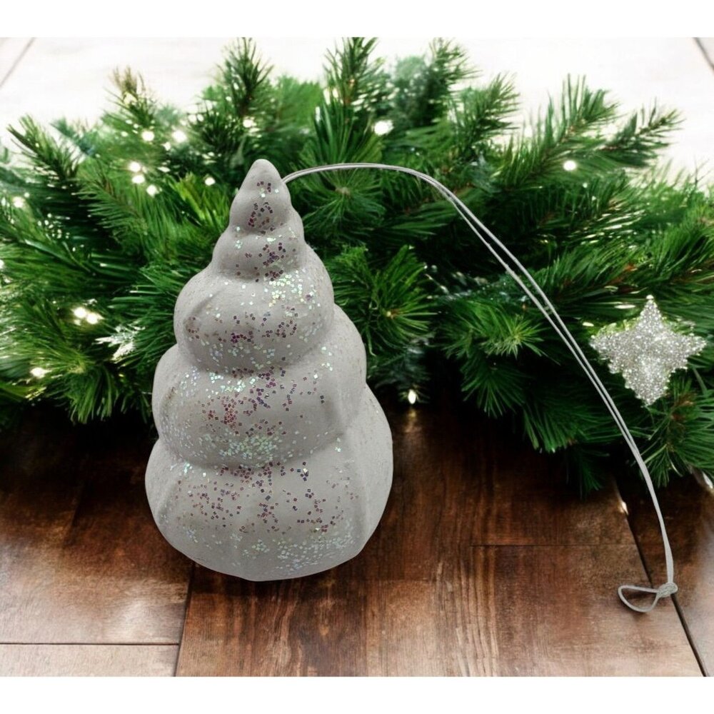 Vintage Seashell Christmas Tree Ornament White Glitter Ceramic Snail Shell